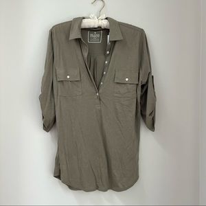 Island Company army green cotton button up shirt.